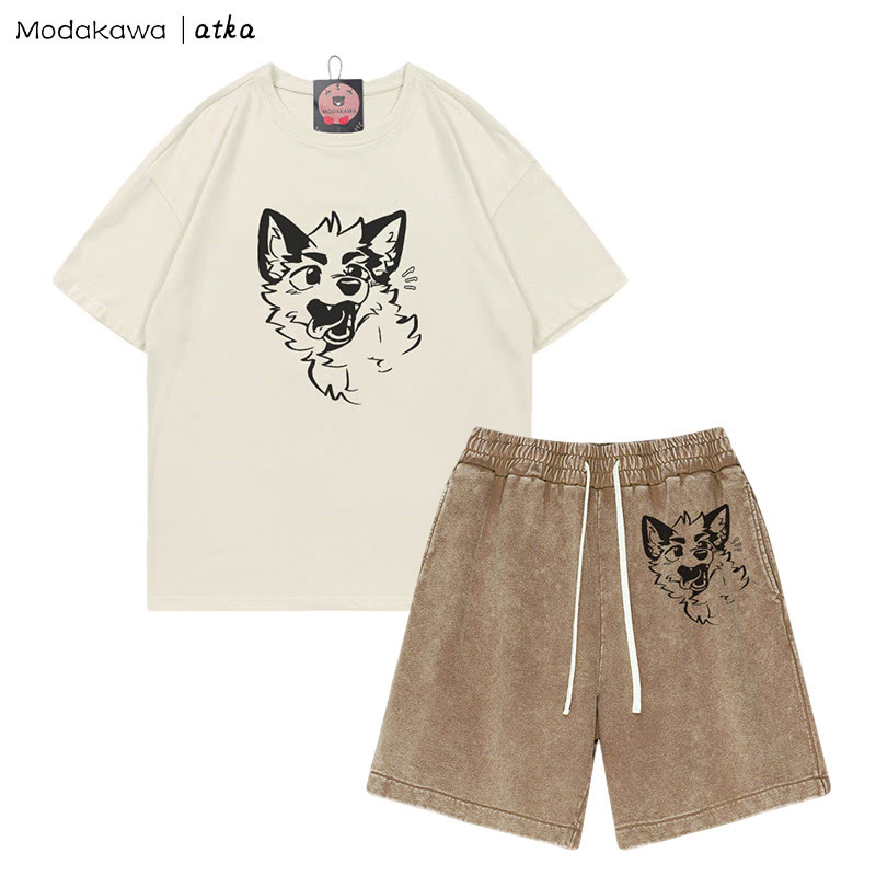 MODAKAWA X atka Verspieltes T-Shirt mit Fuchsgesicht-Grafik und verwaschenen Vintage-Shorts, zweiteiliges Set - Beige&Brown - 3XL - image 1