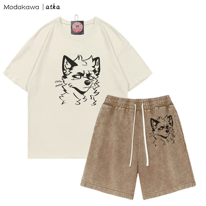 MODAKAWA X atka Cheeky Fox Grafik-T-Shirt Vintage Washed Shorts Zweiteiliges Set - Beige&Brown - 3XL - image 3