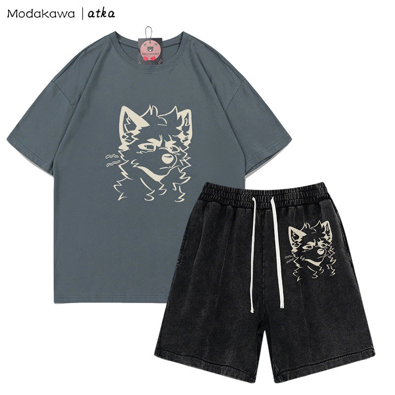 MODAKAWA X atka Cheeky Fox Grafik-T-Shirt Vintage Washed Shorts Zweiteiliges Set - Grey&Black - 3XL - image 2