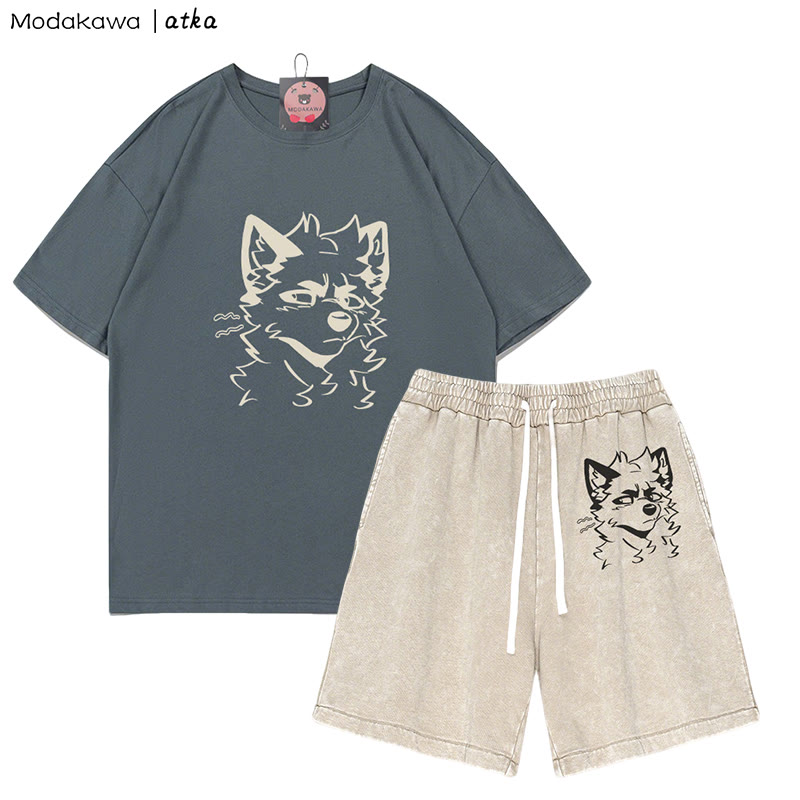 MODAKAWA X atka Cheeky Fox Grafik-T-Shirt Vintage Washed Shorts Zweiteiliges Set - Grey&Apricot - 3XL - image 1