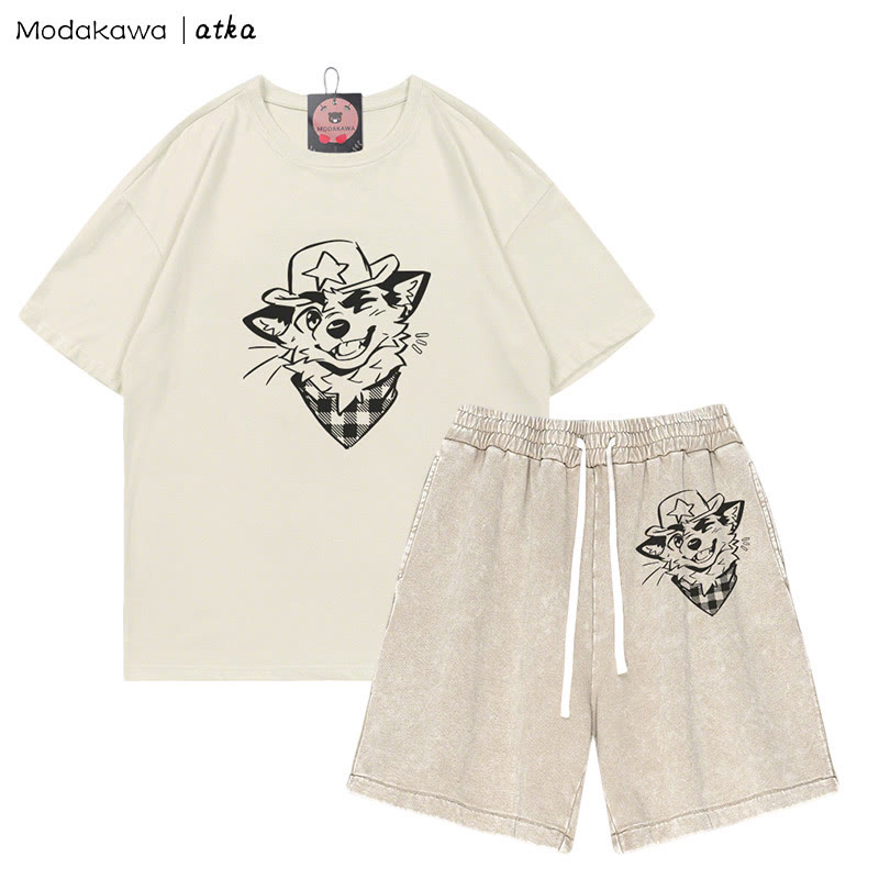 MODAKAWA X atka Cowboy Fox Winking Graphic T-Shirt Vintage Washed Shorts Zweiteiliges Set - Beige - 3XL - image 5