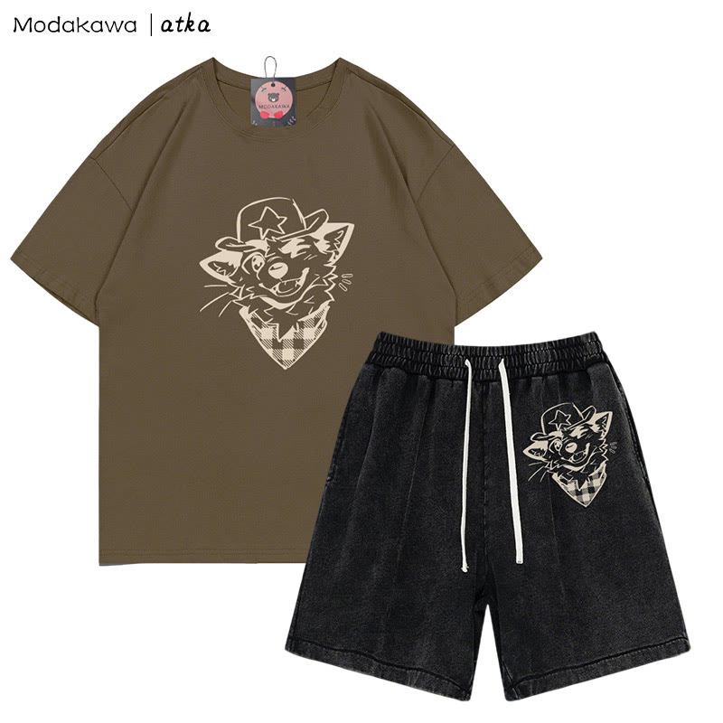 MODAKAWA X atka Cowboy Fox Winking Graphic T-Shirt Vintage Washed Shorts Zweiteiliges Set - Brown&Black - 3XL - image 2