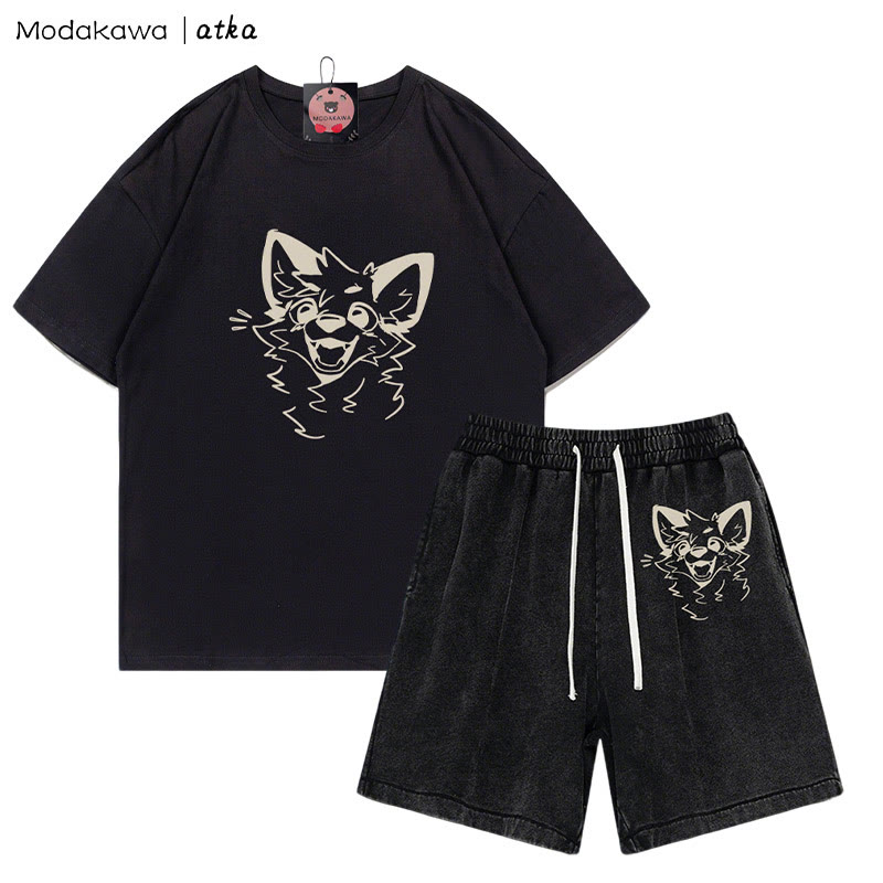 MODAKAWA X atka T-Shirt mit fröhlicher Fuchsgrafik und verwaschenen Vintage-Shorts, zweiteiliges Set - Black - 3XL - image 2