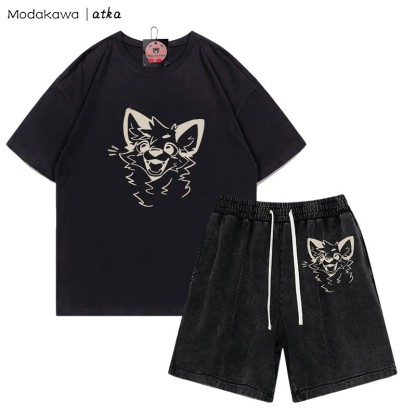 MODAKAWA X atka T-Shirt mit fröhlicher Fuchsgrafik und verwaschenen Vintage-Shorts, zweiteiliges Set - Black - 3XL - image 2