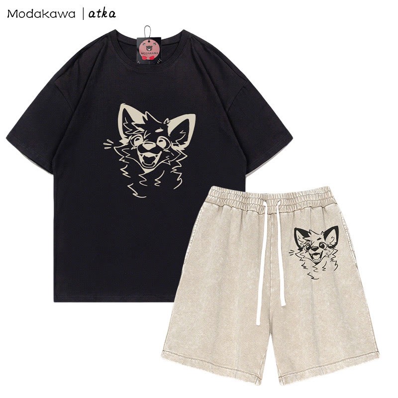 MODAKAWA X atka T-Shirt mit fröhlicher Fuchsgrafik und verwaschenen Vintage-Shorts, zweiteiliges Set - Black&Apricot - 3XL - image 1