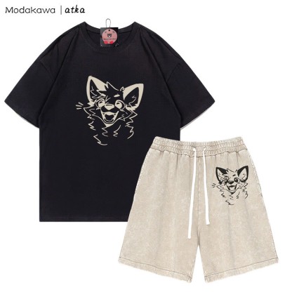 MODAKAWA X atka T-Shirt mit fröhlicher Fuchsgrafik und verwaschenen Vintage-Shorts, zweiteiliges Set - Black&Apricot - 3XL - image 1