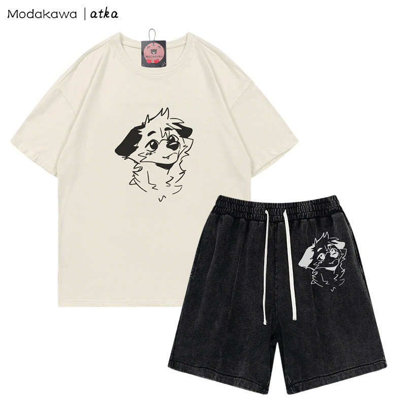 MODAKAWA X atka T-Shirt mit Anticipating Fox-Grafik und verwaschenen Vintage-Shorts, zweiteiliges Set - Beige&Black - 3XL - image 3