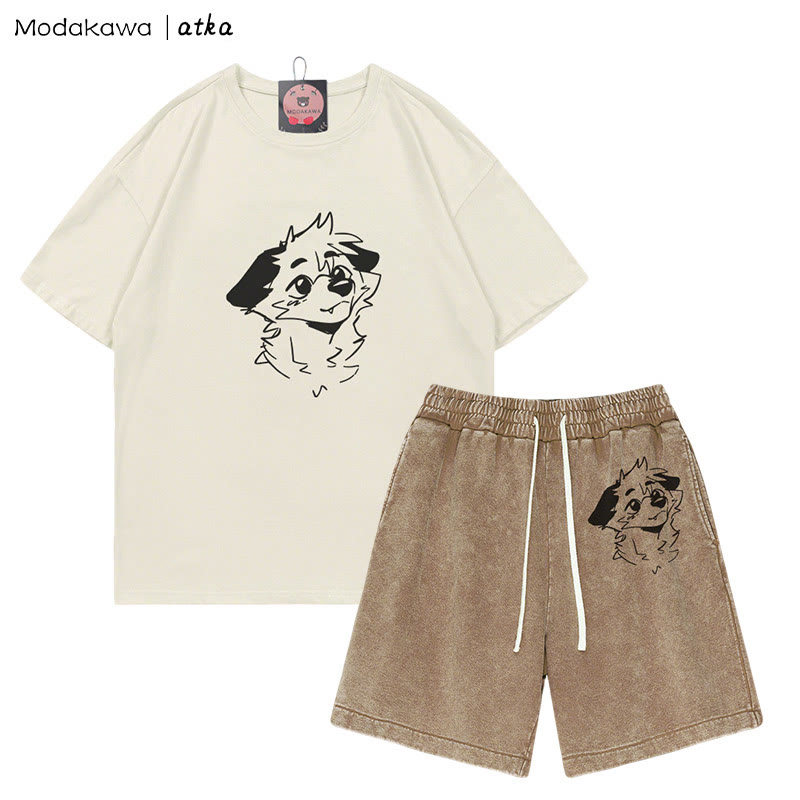 MODAKAWA X atka T-Shirt mit Anticipating Fox-Grafik und verwaschenen Vintage-Shorts, zweiteiliges Set - Beige&Brown - 3XL - image 2