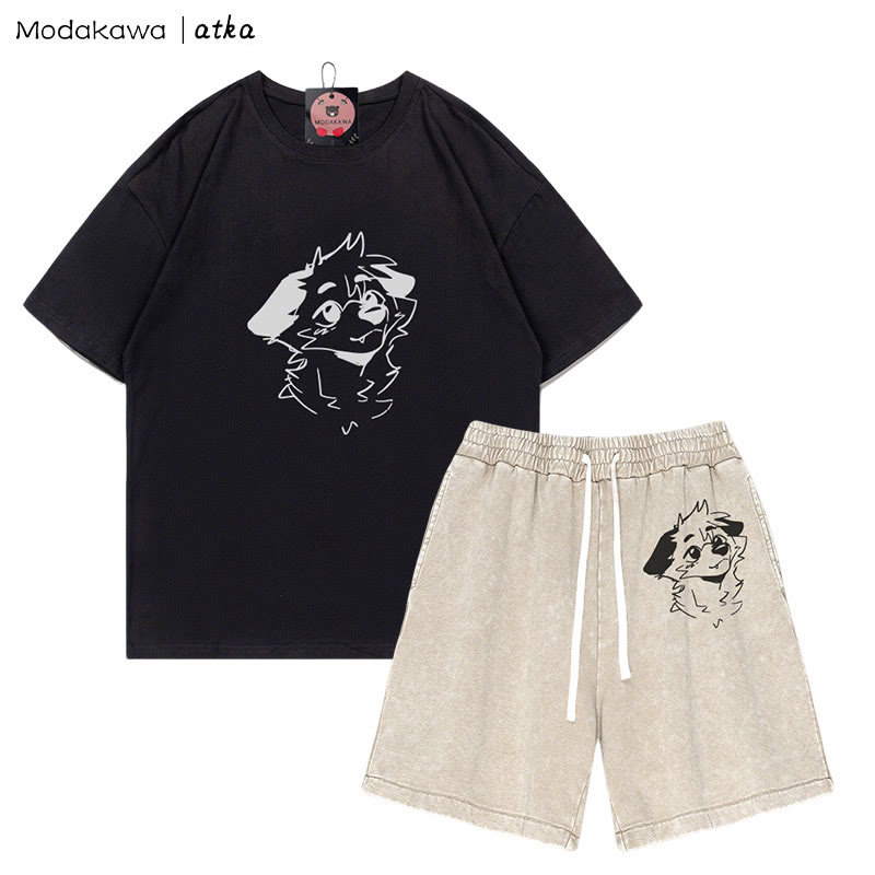 MODAKAWA X atka T-Shirt mit Anticipating Fox-Grafik und verwaschenen Vintage-Shorts, zweiteiliges Set - Black&Apricot - 3XL - image 5