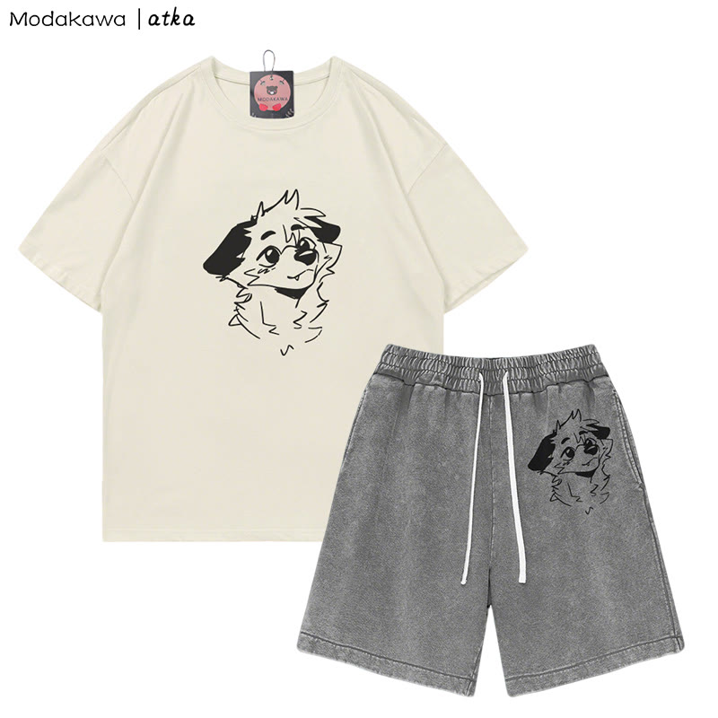 MODAKAWA X atka T-Shirt mit Anticipating Fox-Grafik und verwaschenen Vintage-Shorts, zweiteiliges Set - Beige&Grey - 3XL - image 1