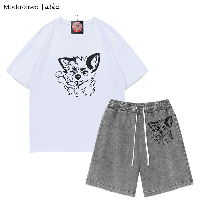 MODAKAWA X atka Fox Smoking Graphic T-Shirt Vintage Washed Shorts Zweiteiliges Set - White&Grey - 3XL - image 2