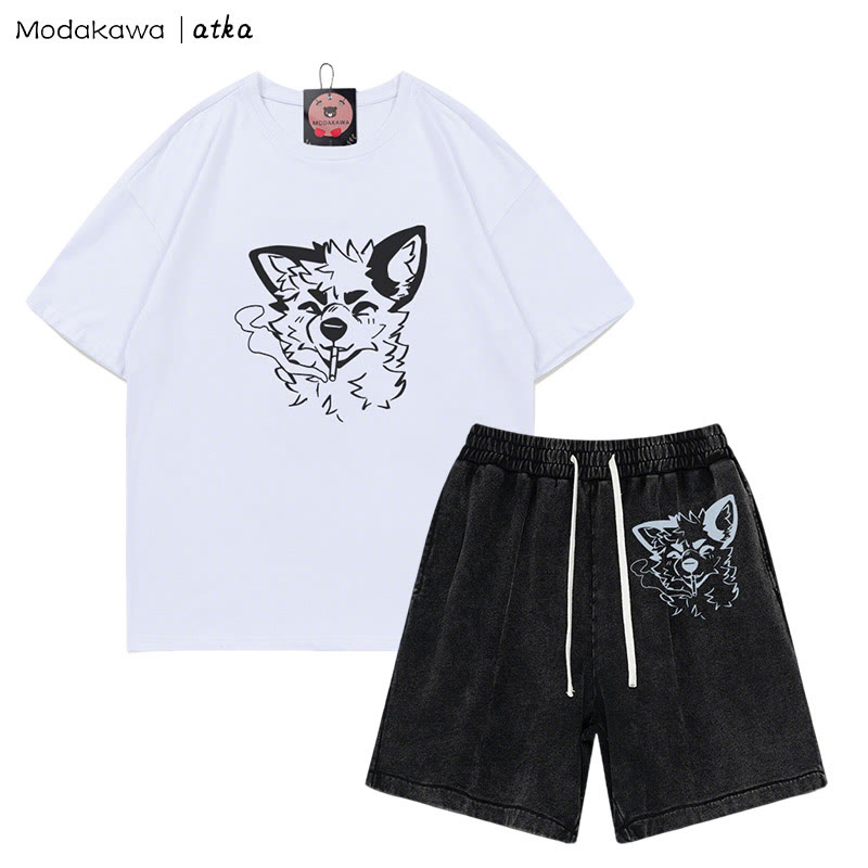 MODAKAWA X atka Fox Smoking Graphic T-Shirt Vintage Washed Shorts Zweiteiliges Set - White&Black - 3XL - image 1