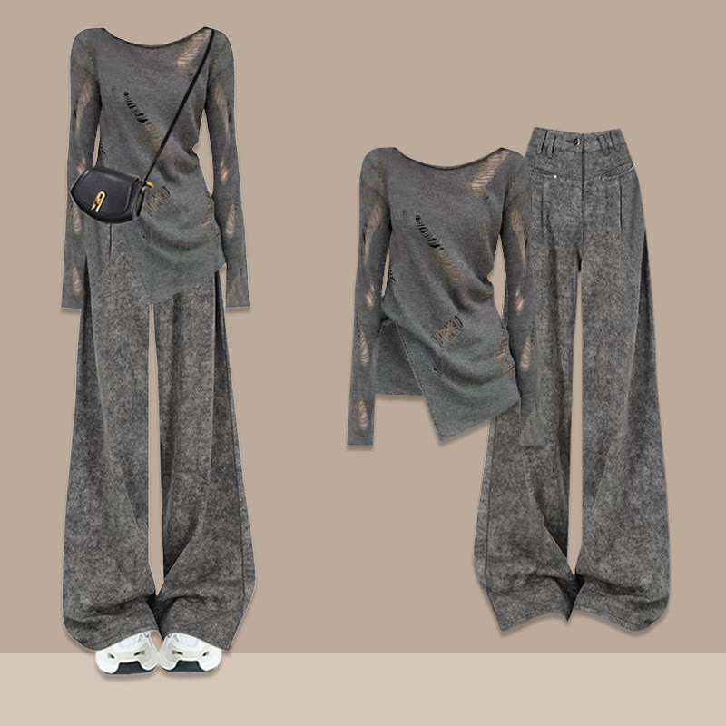 Zweiteiliger Pullover mit Kreuzstrickmuster und Hose mit weitem Bein - Grau B - XL - image 2