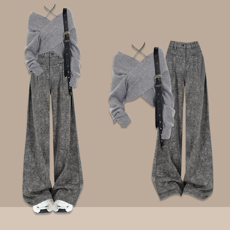 Zweiteiliger Pullover mit Kreuzstrickmuster und Hose mit weitem Bein - Grau A - XL - image 1