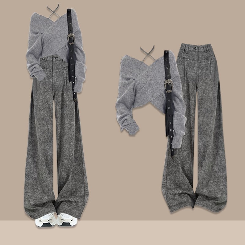 Zweiteiliger Pullover mit Kreuzstrickmuster und Hose mit weitem Bein - Grau A - XL - image 1