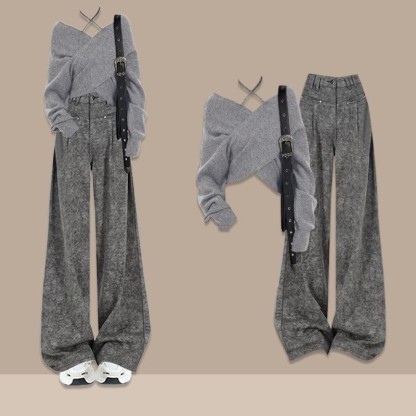 Zweiteiliger Pullover mit Kreuzstrickmuster und Hose mit weitem Bein - Grau A - XL - image 1