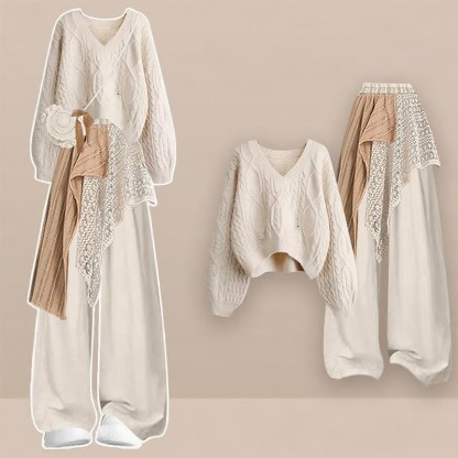 Dreiteiliges Set aus Strickpullover und drapierter Hose - Aprikose - XL - image 1