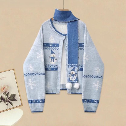 Schal mit Schneemannmuster, Strickjacke, karierte Hose, passendes Outfit - Cardigan Sweater - L - image 2