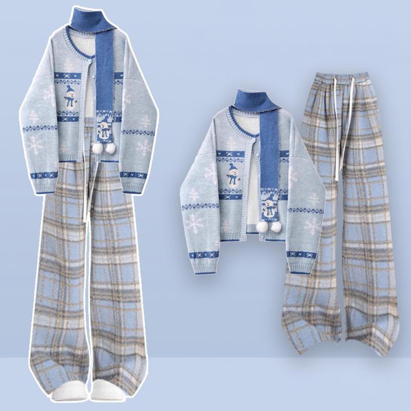 Schal mit Schneemannmuster, Strickjacke, karierte Hose, passendes Outfit - Set - L - image 1