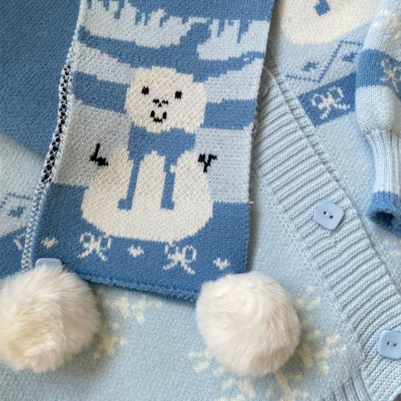 Schal mit Schneemannmuster, Strickjacke, karierte Hose, passendes Outfit - image 4