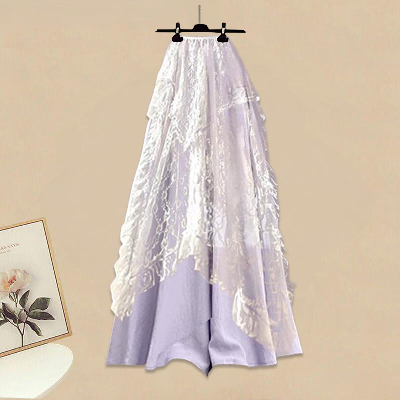 Strickjacke, Spitzenrock, weit geschnittene Hose, passendes Outfit - Lace Skirt+Pantskirt - XL - image 2