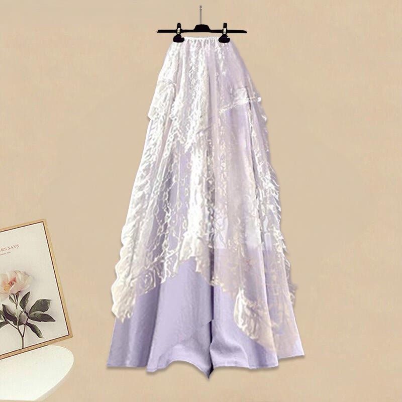 Strickjacke, Spitzenrock, weit geschnittene Hose, passendes Outfit - Lace Skirt+Pantskirt - XL - image 2