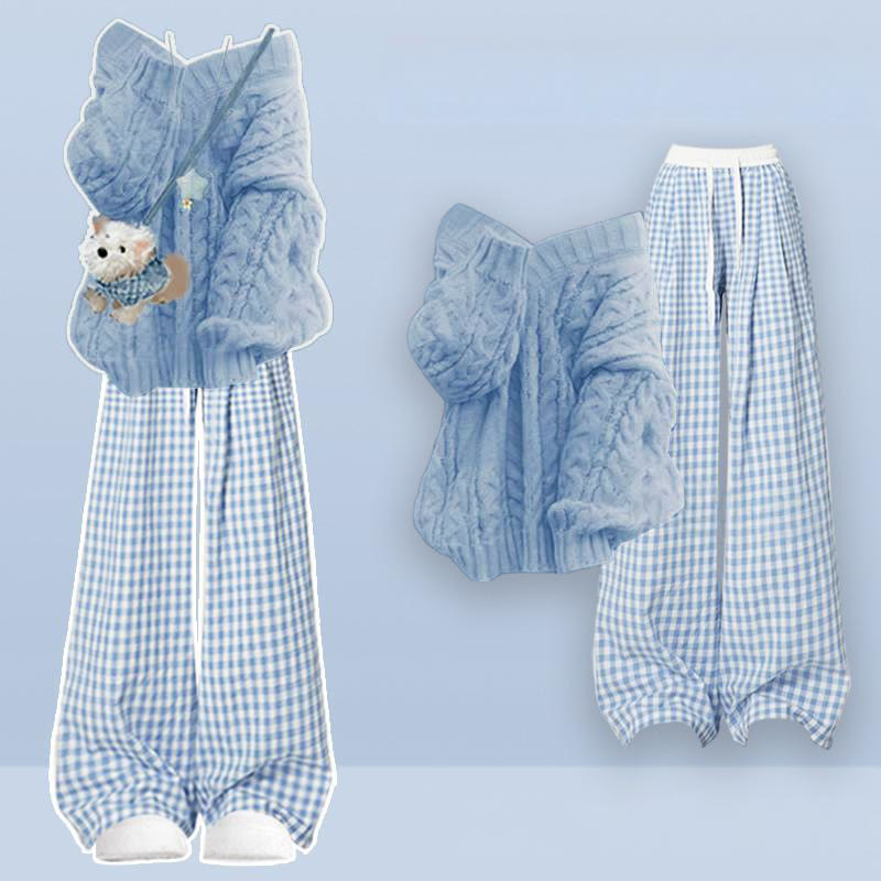 Strickpullover, karierte Hose, passendes Outfit - Blue Set - XL - image 2