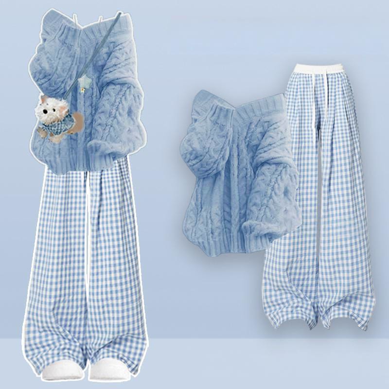 Strickpullover, karierte Hose, passendes Outfit - Blue Set - XL - image 2