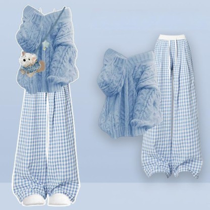 Strickpullover, karierte Hose, passendes Outfit - Blue Set - XL - image 2