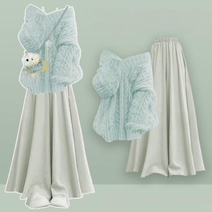 Strickpullover, karierte Hose, passendes Outfit - Green Set - XL - image 1