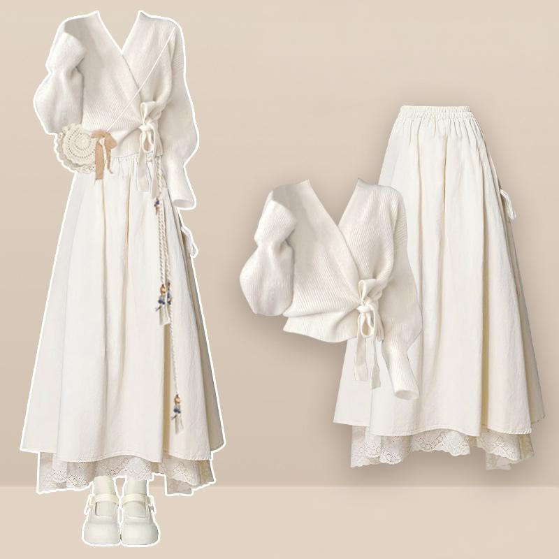 Strickpullover mit Schnürung, passender Spitzenrock und Outfit - Set - XL - image 1