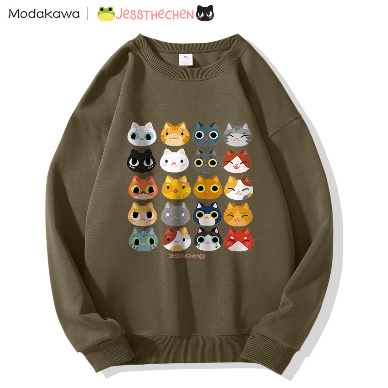 MODAKAWA X jessthechen Sweatshirt mit Katzenprint und Rundhalsausschnitt - Dark Khaki - 5XL - image 1