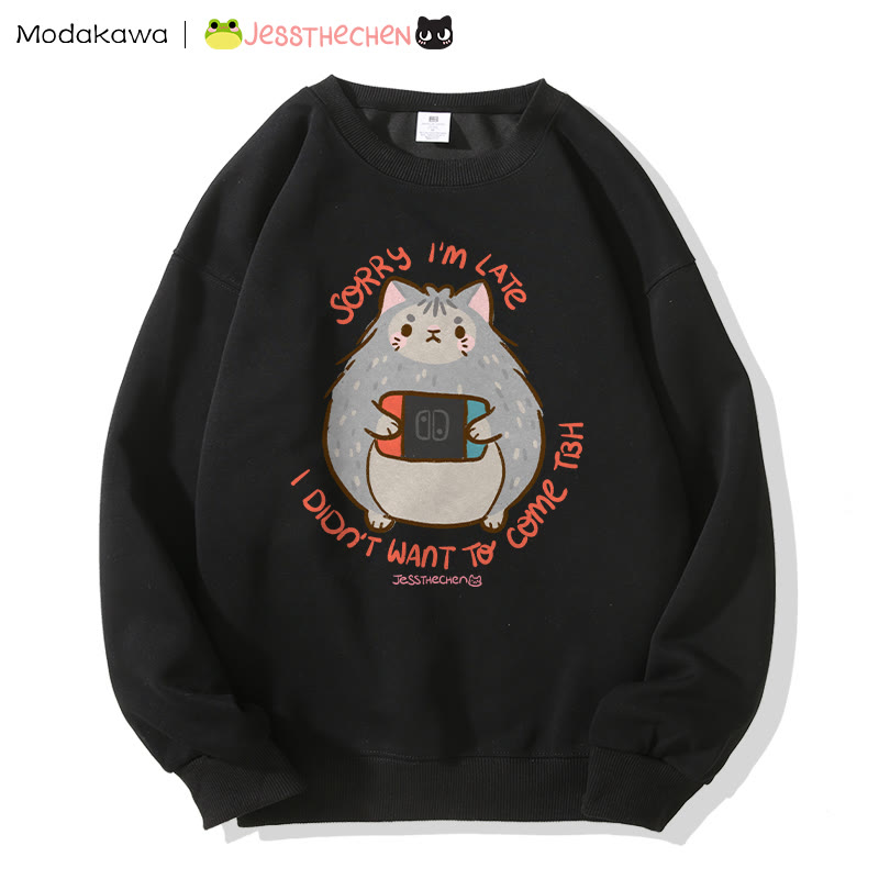 MODAKAWA X jessthechen SORRY I 'M LATE I DIDN'T WANT TO COME TBH Kitty Graphic Sweatshirt - Black - 5XL - image 2