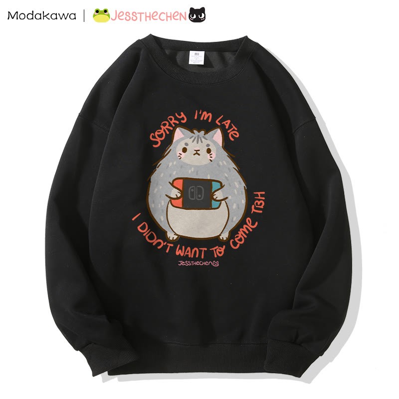 MODAKAWA X jessthechen SORRY I 'M LATE I DIDN'T WANT TO COME TBH Kitty Graphic Sweatshirt - Black - 5XL - image 2