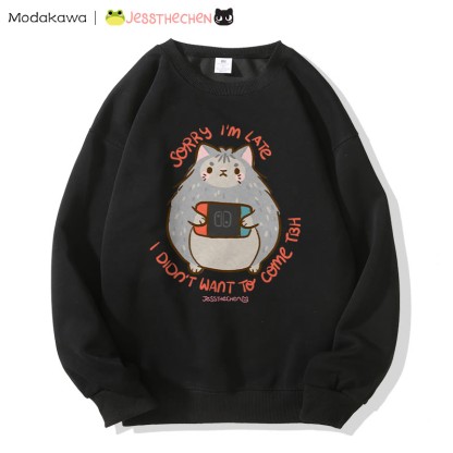 MODAKAWA X jessthechen SORRY I 'M LATE I DIDN'T WANT TO COME TBH Kitty Graphic Sweatshirt - Black - 5XL - image 2