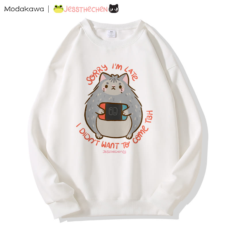 MODAKAWA X jessthechen SORRY I 'M LATE I DIDN'T WANT TO COME TBH Kitty Graphic Sweatshirt - White - 5XL - image 1