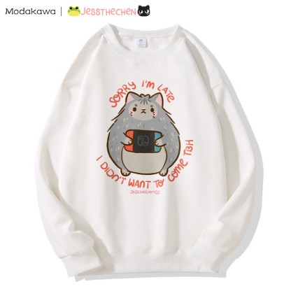 MODAKAWA X jessthechen SORRY I 'M LATE I DIDN'T WANT TO COME TBH Kitty Graphic Sweatshirt - White - 5XL - image 1