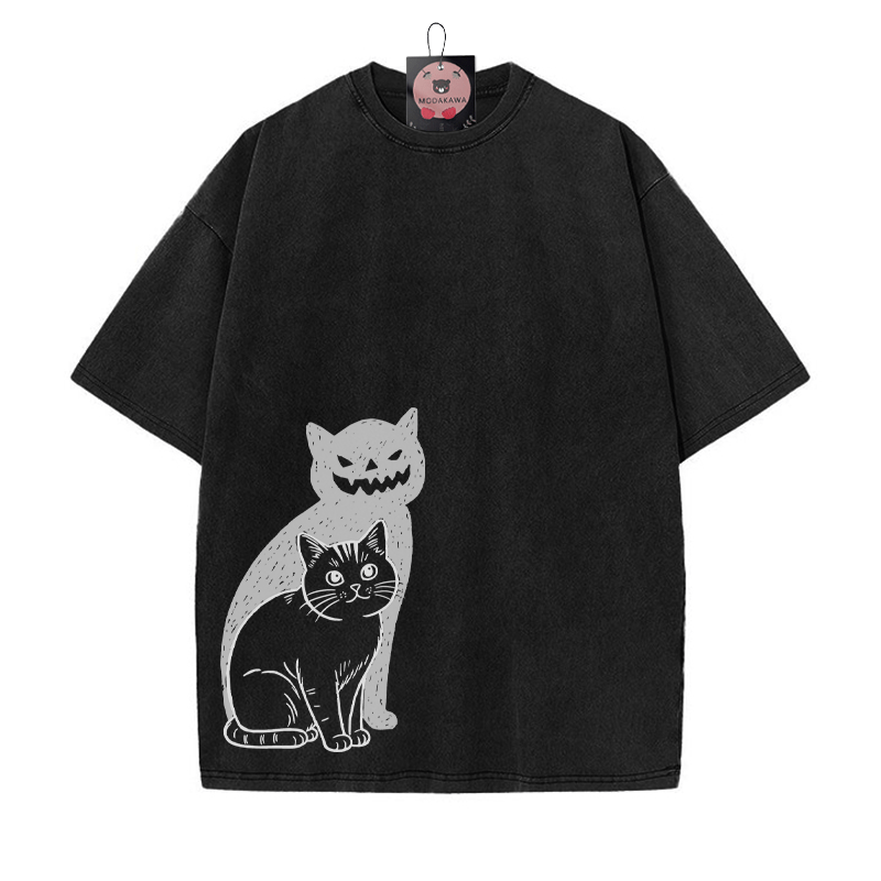 Katze Kürbis Schatten Halloween Grafik Unisex Vintage Washed T-Shirt - Schwarz - 5XL - image 3