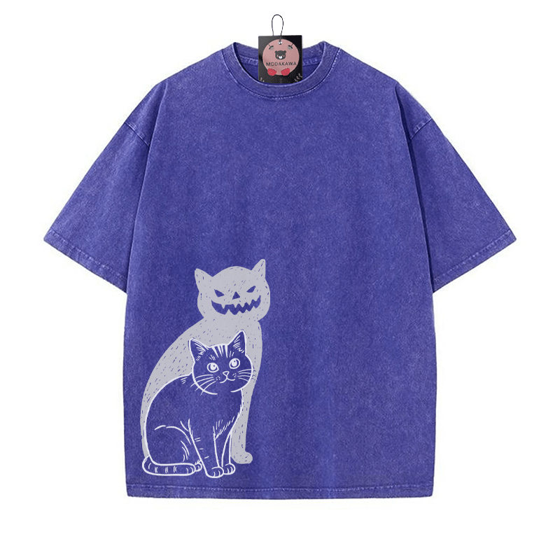Katze Kürbis Schatten Halloween Grafik Unisex Vintage Washed T-Shirt - Blau - 5XL - image 2