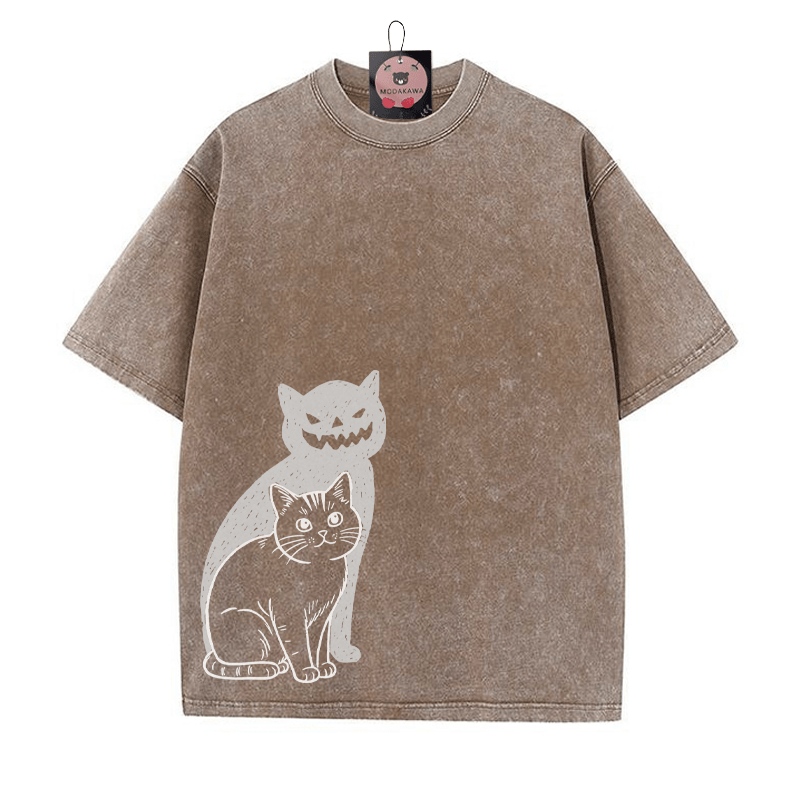 Katze Kürbis Schatten Halloween Grafik Unisex Vintage Washed T-Shirt - Braun - 5XL - image 1