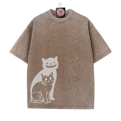 Katze Kürbis Schatten Halloween Grafik Unisex Vintage Washed T-Shirt - Braun - 5XL - image 1