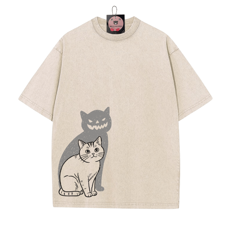 Katze Kürbis Schatten Halloween Grafik Unisex Vintage Washed T-Shirt - Aprikose - 5XL - image 5
