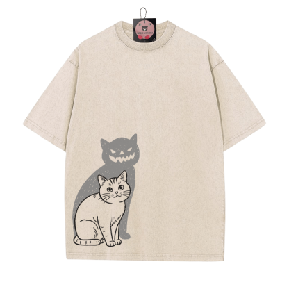 Katze Kürbis Schatten Halloween Grafik Unisex Vintage Washed T-Shirt - Aprikose - 5XL - image 5