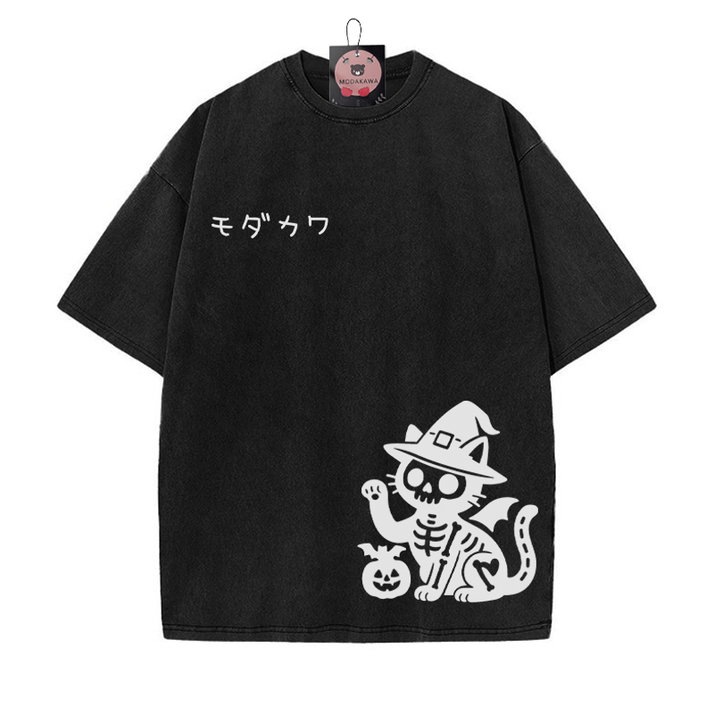 Totenkopf Katze Halloween Grafik MODAKAWA Unisex Vintage Washed T-Shirt - Schwarz - 5XL - image 1