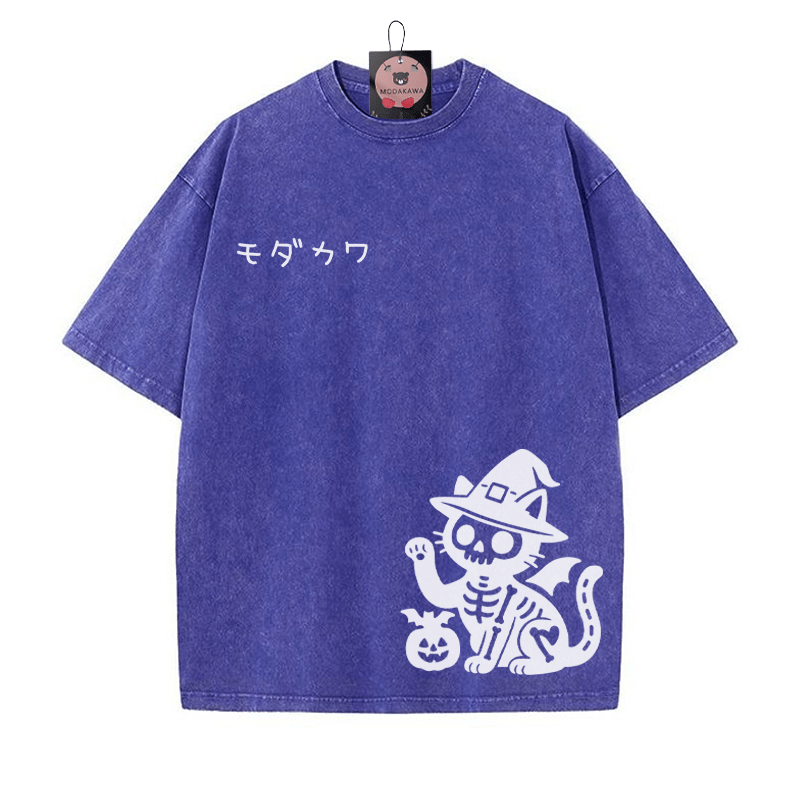 Totenkopf Katze Halloween Grafik MODAKAWA Unisex Vintage Washed T-Shirt - Blau - 5XL - image 3