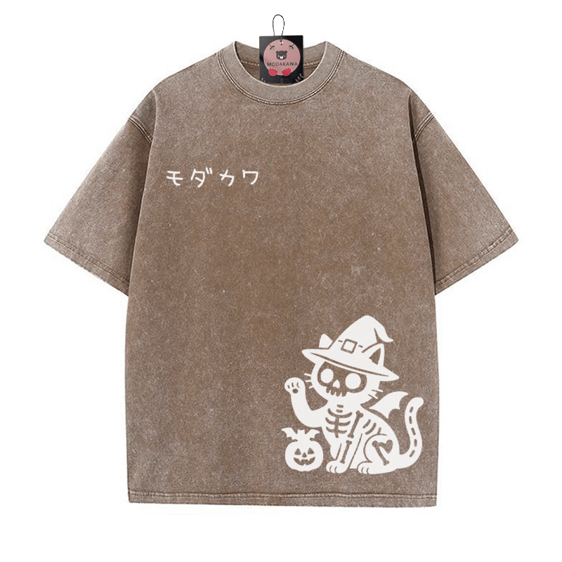 Totenkopf Katze Halloween Grafik MODAKAWA Unisex Vintage Washed T-Shirt - Braun - 5XL - image 2