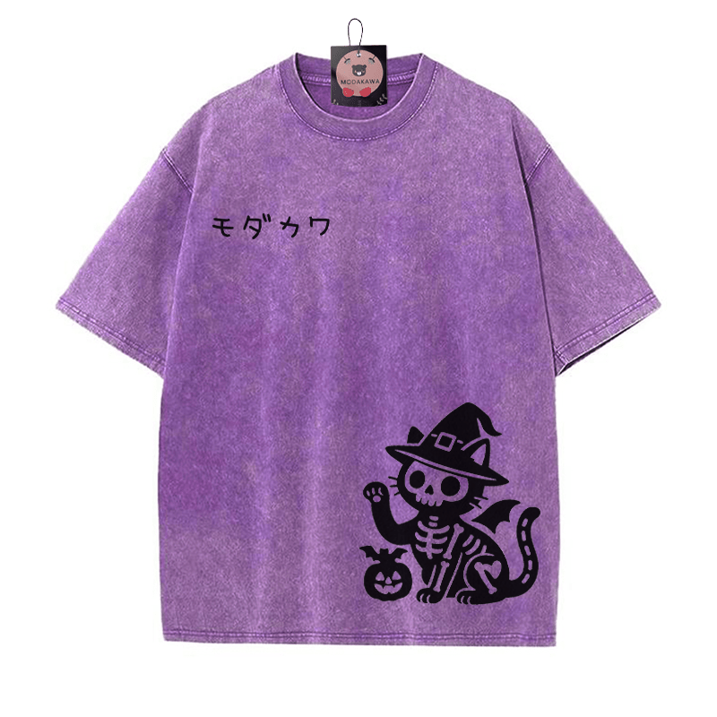 Totenkopf Katze Halloween Grafik MODAKAWA Unisex Vintage Washed T-Shirt - Lila - 5XL - image 5