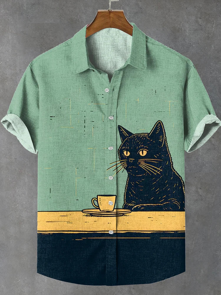 Schwarzes Katzen-Shirt mit Chilling Coffee-Kunstdruck - Grün - 4XL - image 1