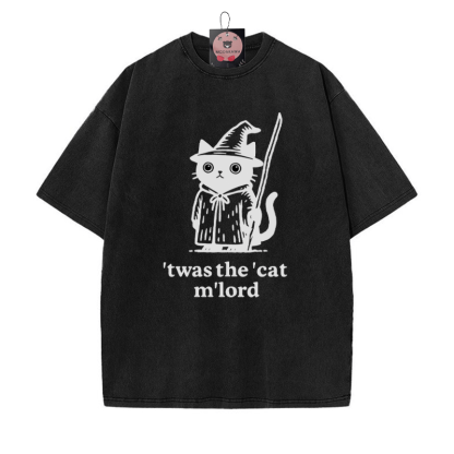 'TWAS THE' CAT M'LORD Zaubererkatze Grafik Unisex Vintage Washed T-Shirt - Schwarz - 5XL - image 6
