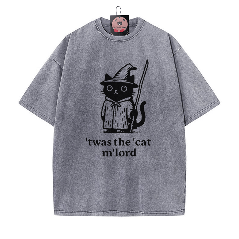 'TWAS THE' CAT M'LORD Zaubererkatze Grafik Unisex Vintage Washed T-Shirt - Grau - 5XL - image 2